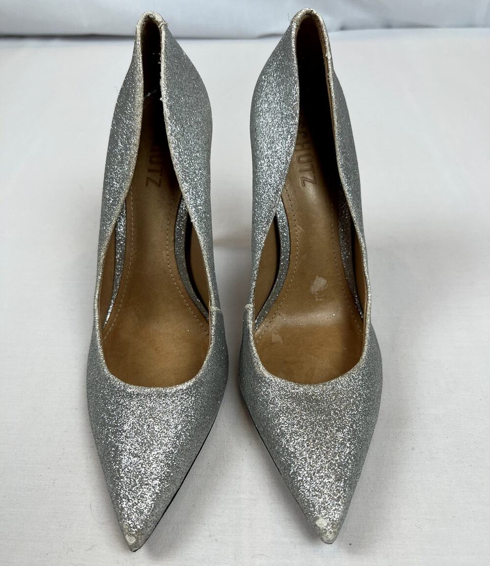 Schutz Silver Glitter Cutout Pumps – Size 7.5